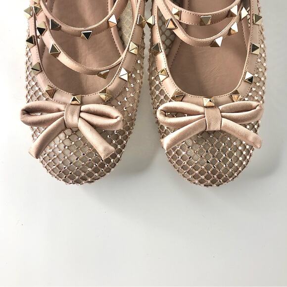Valentino Rockstud Crystals Mesh Rose Cannelle Calfskin Ballerina Flats 40 - Picture 3 of 12